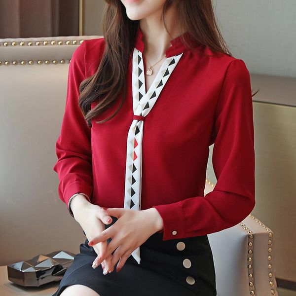 

solid color chiffon shirt shirt female 2021 autumn new pattern lace long sleeve bottoming small v-neck, White