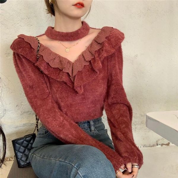 

autumn winter new sweater women perspective v-neck lace loose puff sleeve short sweater outer jacket women pull femme, White;black