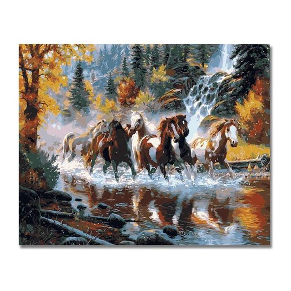 

paint by numbers kits with brushes and acrylic pigment diy canvas painting for adults beginner- horses cross the river
