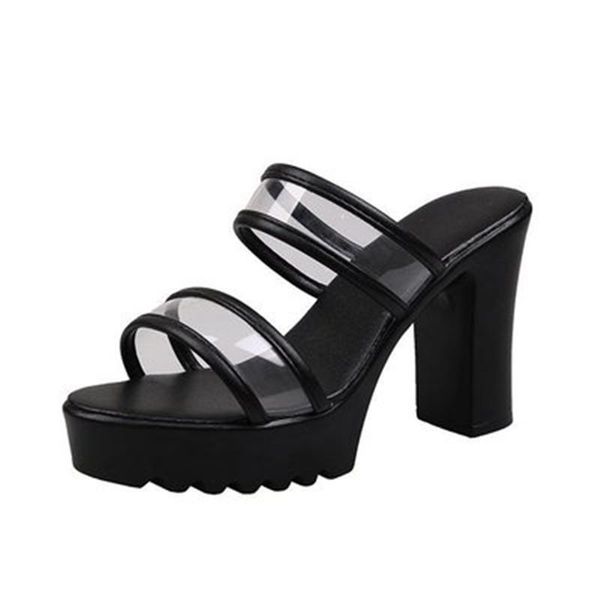 

slippers 2021 summer women high heel thick bottom chunky transparent ankle-strap fashion a586, Black