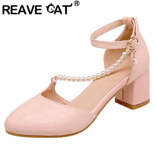 

dress shoes reave cat 2021 women pumps round toe 5cm block heels buckle pearl concise elegent stylish big sze 31-43 casual summer a3800, Black