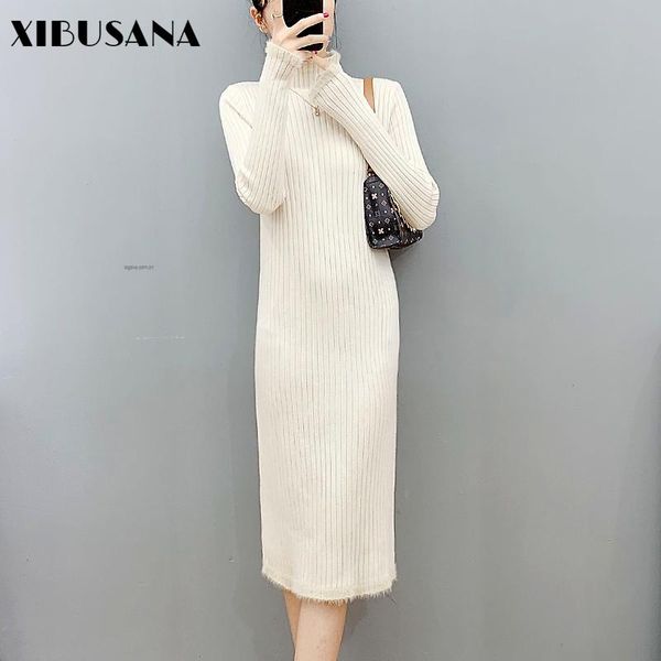 

casual dresses ol style knitted long dress autumn sleeve half turtleneck thick women sweater straight female solid mujer vestidos, Black;gray