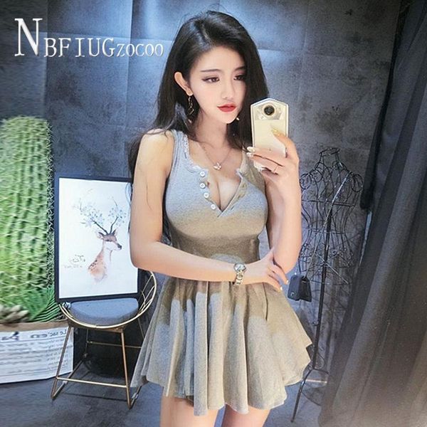 

casual dresses 2021 korean low cut women dress slim sleeveless short female, Black;gray