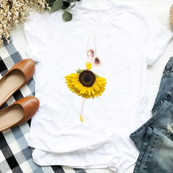 

sunflower girl print and women men t shirt short sleeve o neck loose female clothes camisetas mujer, White;black