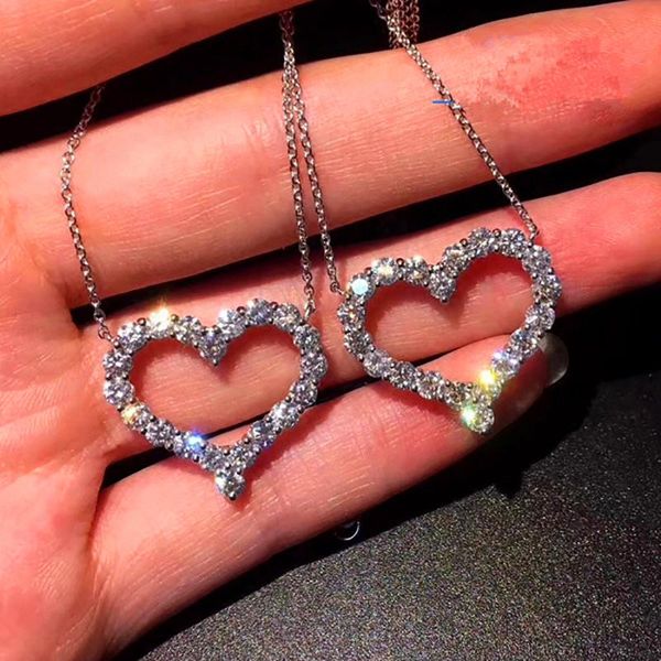 

pendant necklaces dainty silver color chain necklace vintage hollow heart wedding luxury female white crystal for women