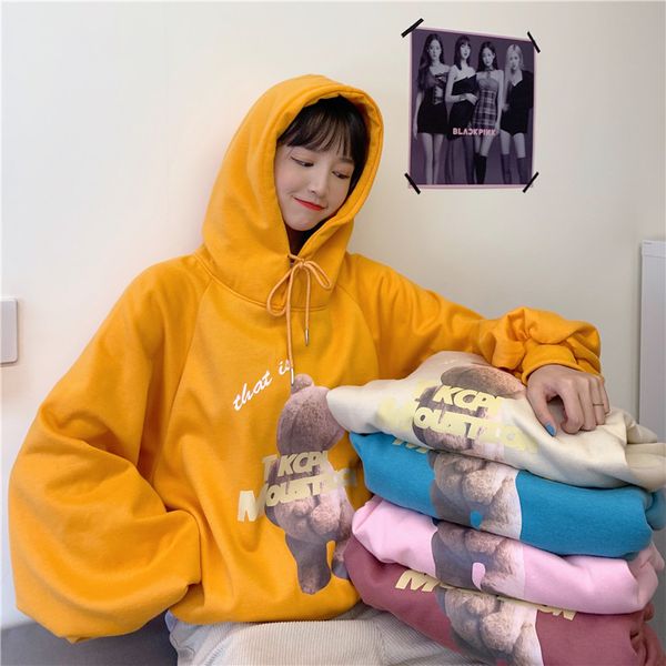 

qrwr 2021 new women sweatshirt autumn winter korean cartoon print hoodies fashion loose oversized thi fleece sweatshirt women, Black;pink