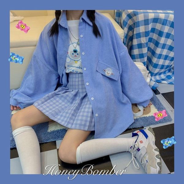 

women's blouses & shirts houzhou kawaii corduroy shirt women japanese streetwear spring autumn overzize soft girl lantern sleeves cute, White