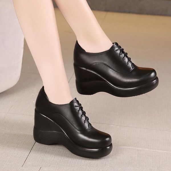 

dress shoes toacek lace up wedges for women 2021 autumn platform pumps woman high heels leather office ladies plus size 33-43, Black