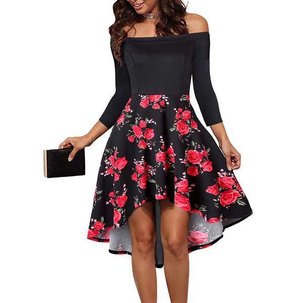 

fashion floral printted vestido womens off shoulder dress evening party skater dresses prom women clothing, Black;gray