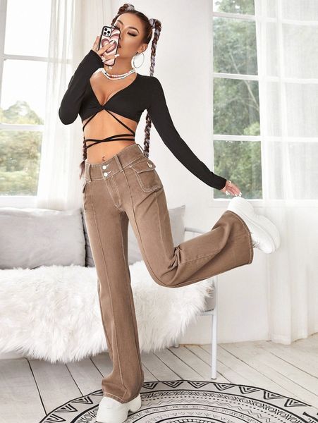 

high waist seam wide leg jeans r7zg#, Blue