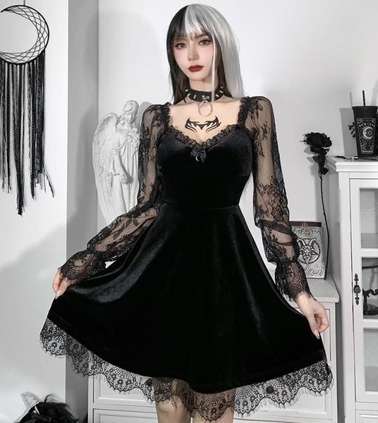 

casual dresses y2k vintage female dress solid color lace stitching v-neck long flare sleeve party gift, Black;gray