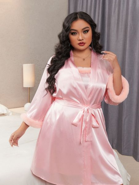 

plus fuzzy trim belted satin robe & cami nightdress pj set g7wj#, Black;white