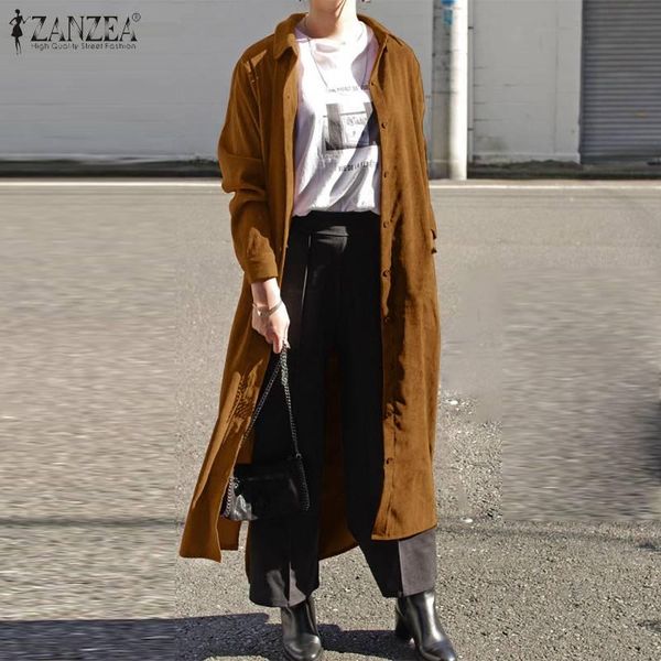 

womens autumn corduroy blouses zanzea streetwear long shirts casual lapel soft blusa feminina female solid work oversize, White