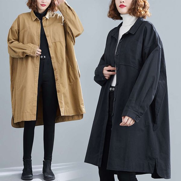 

2021 new spring and autumn women's big size fat sister loose medium length casual versatile temperament fashion windbreaker coat, Tan;black