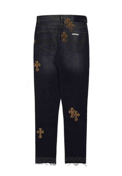 

brand crosin cross ch/romeheartscro silver ch patch classic button leopard black high street casual pants trendy jeans, Blue