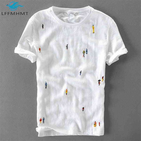 Uomo Primavera Estate Moda Manica corta Ricamo Cartoon Giappone Stile Cotone Lino Semplice Minimalista T-shirt Uomo Top Tee 210726