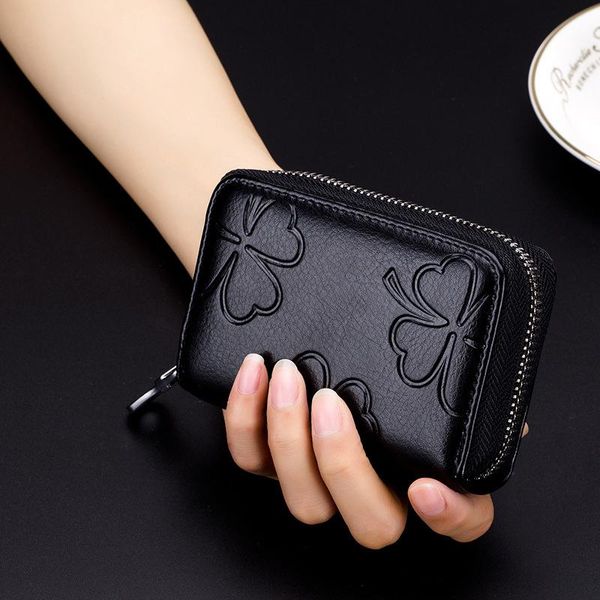 

card holders 100% cowhide 16 cards women's wallet rfid anti-theft lady business holder multifunctional zipper mini coin, Brown;gray