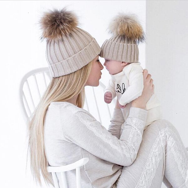 

luxury- mom and baby matching knitted hats warm fleece crochet beanie hats winter mink pompom kids children mommy headwear hat caps y191112, Blue;gray