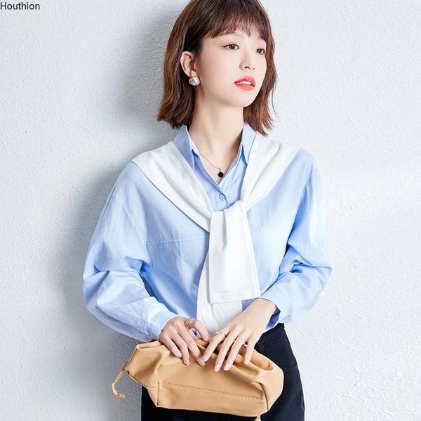 

women's blouses & shirts houthion chiffon slim casual blouse shawl solid shirt spring/autumn fashion long sleeve top, White