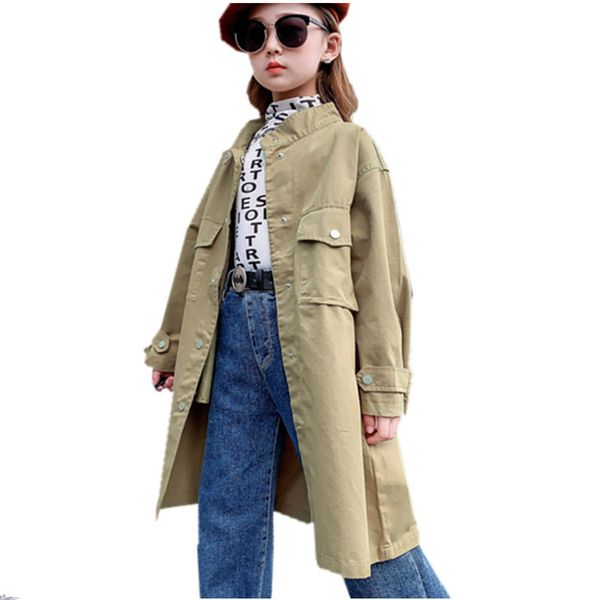 

2021 new teenager trench for girls jacket autumn x-long green khaki coats fall kids school clothes outerwear 8 10-12 14y yweb, Blue;gray