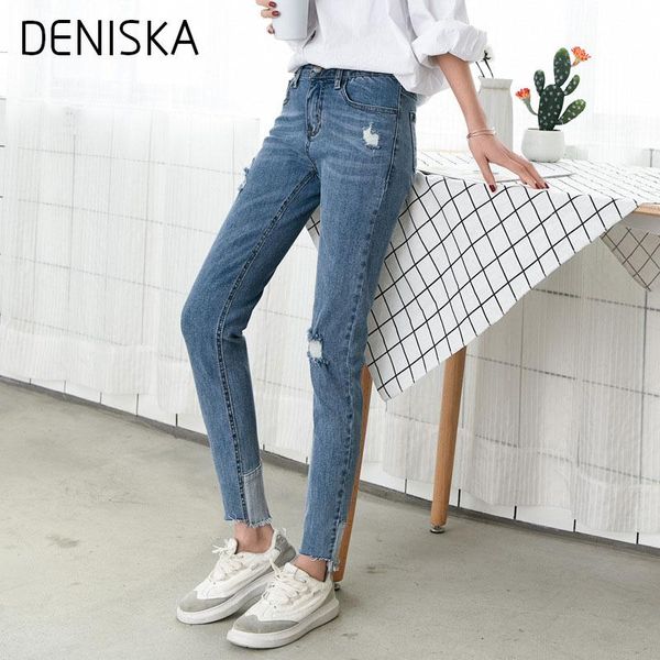 

women's jeans deniska 2021 knee rips hem skinny ankle spring high waist casual female bottoms blue plain trousers