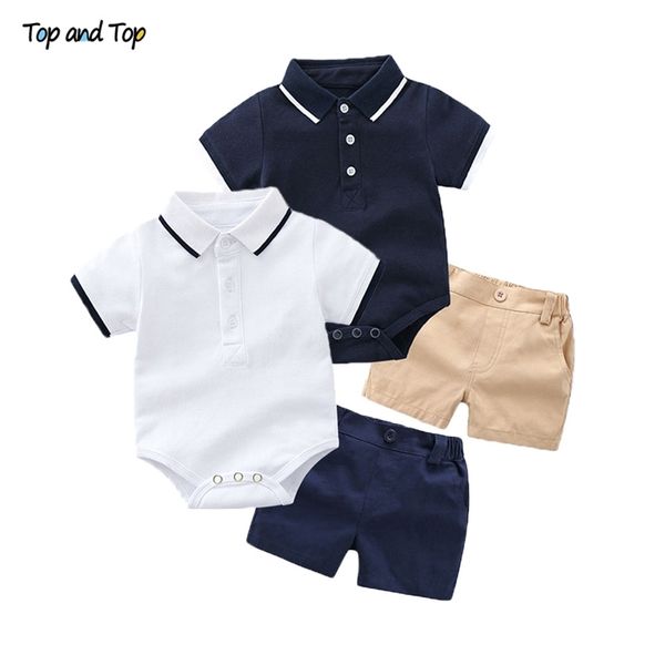 Top e Top Summer Moda Recém-nascidos Meninos Formal Roupas Conjunto de Algodão Romper Top + Shorts Bebê Gentleman Terno Kids Boys Roupas Sets 210309