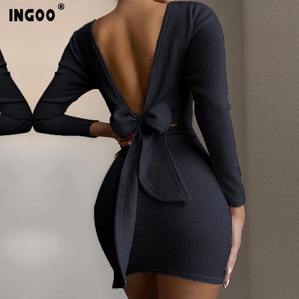 

casual dresses black knitted women dress autumn backless bow tie solid long sleeve robe slim female party winter bodycon 2021, Black;gray