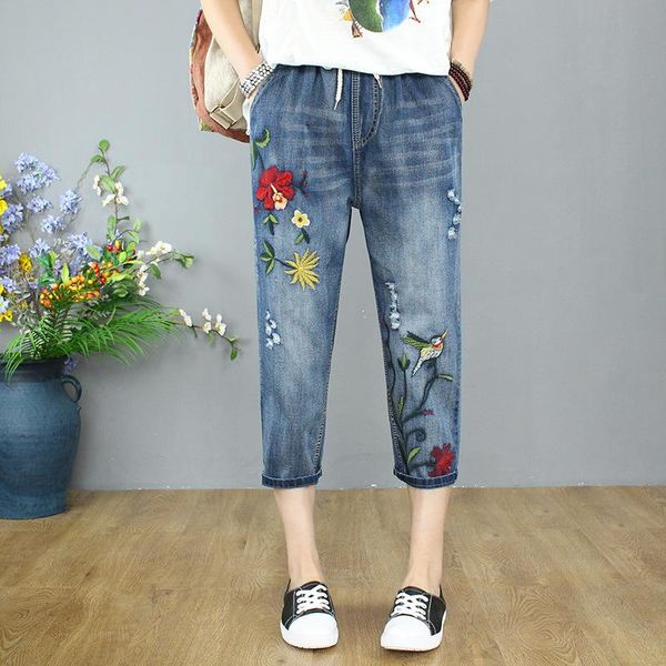 

women's jeans plus size fashion summer women high waist calf length hole ripped denim capri slim streetwear casual embroidered pants, Blue