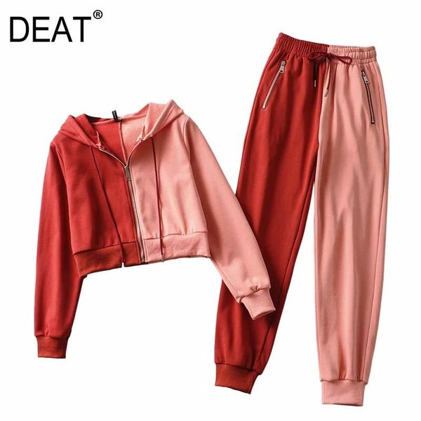 

[deat] women new 2021 hooded zipper splicing long sleeve drawstring coat high waist pencil pants personality suit 13c321, White