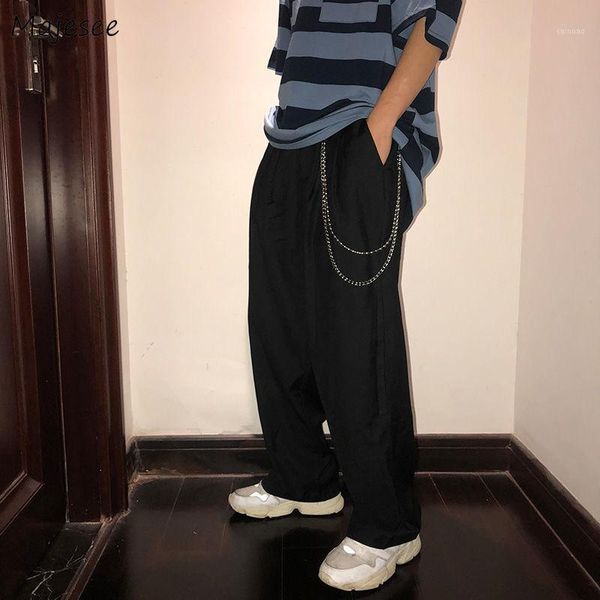 

men casual pants solid simple large size wide leg trousers all-match loose chic mens korean style retro harajuku ins men's, Black