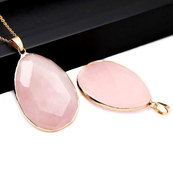 

natural stone pink quartz healing crystal stone oval shape pendant necklace for women 1pcs, Silver