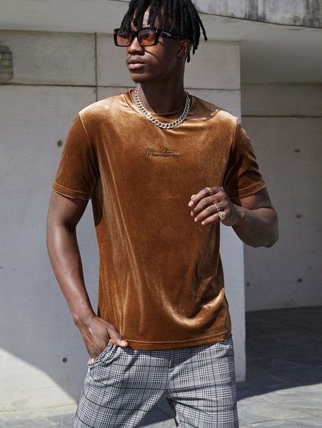 

men letter embroidery velvet tee s1a4#, White;black