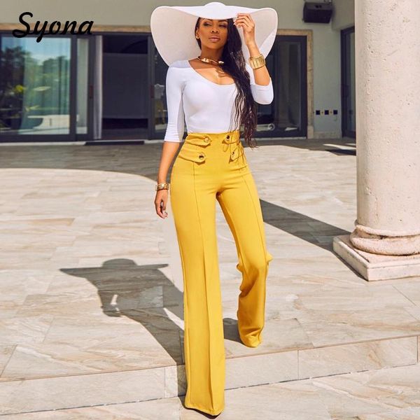 

formal wide leg casual pants office lady work high waist elegant trousers moderns for working woman flare palazzo yellow busines, Black;white