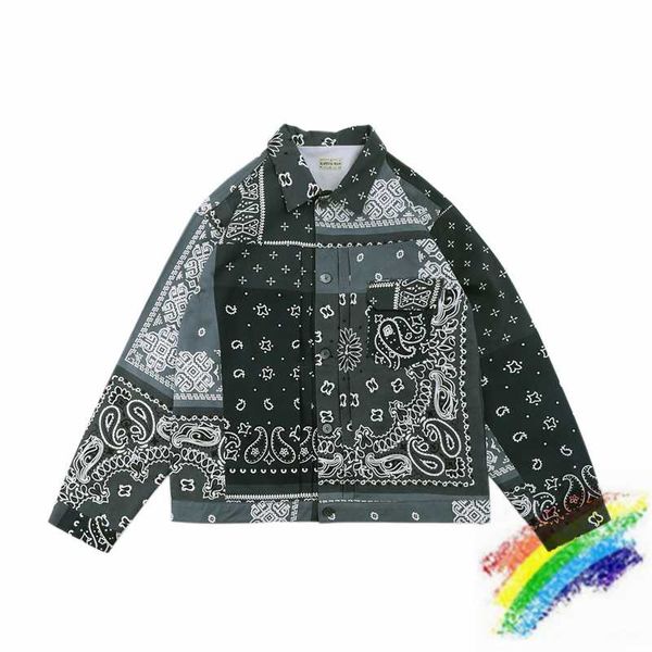 

cashew flower printing denim jacket men women button coat hip-hop cargo outerwear, Black;brown
