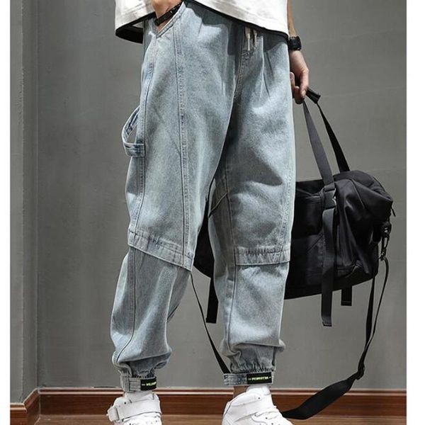 

men's jeans loose cargo elastic waist fashion wide leg ankle-length pants, Blue