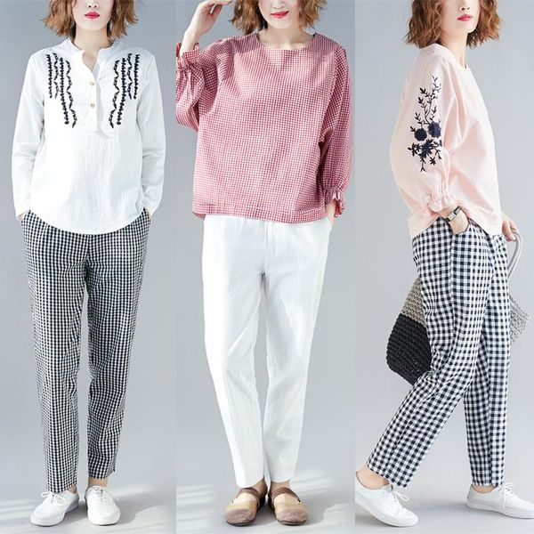

women's pants & capris 2021 xia wenyi will code easy slim and thin cotton linen stripe leisure time woman haren nine part, Black;white