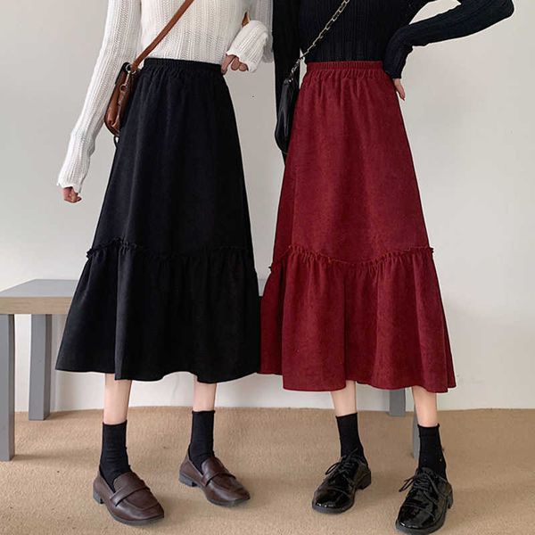 

skirts spring autumn 2021 fashion elastic high waist frilly ruffle skirt women cute a-line long midi teen gilrs bm6p, Black