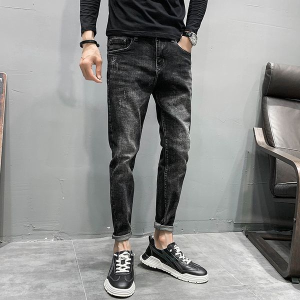 

2021 new moda outono novo preto roupas masculinas simples todos os jogos fino ajuste de comprimento total casual calas jeans streetwear ke2i, Blue