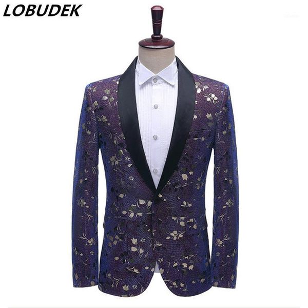 

men shawl lapel single button floral blazer slim fit suit coat singer host stage tuxedo costume evening party performance men's suits &, White;black