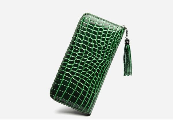 

designer wallet genuine leather cow skin crocodile pattern women long purse solid zip wallet card holder, Red;black