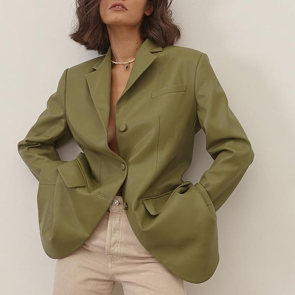 

women's suits & blazers fashion green notched pu leather women elegant single breasted loose jackets pockets back split ladies, White;black