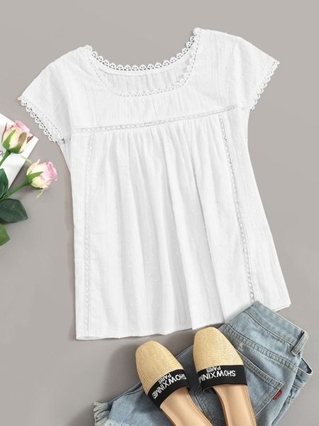

women's t-shirt trim shirts dot contrast lace women casual patchwork, White