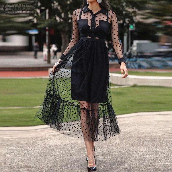 

maxi fashion transparent shirt dress women's spring patchwork sundress zanzea casual long sleeve polka dot vestidos lapel mesh r, Black;gray