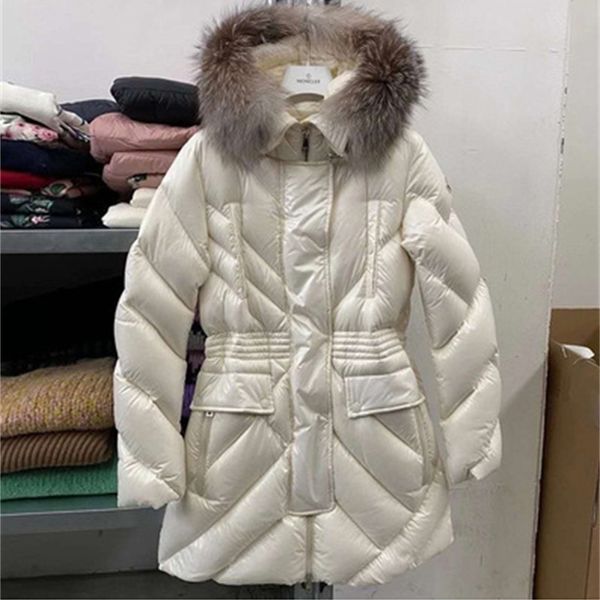 

2020 new fashion big fox fur collar, waist closing, thin down jacket, women's middle and long style, tianai same style, Black