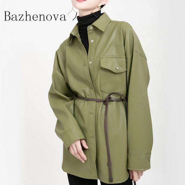 

women's trench coats bazhenova autumn and winter single-pocket loose pu windbreaker girl sweet fleece leather jacket office lady r957, Tan;black