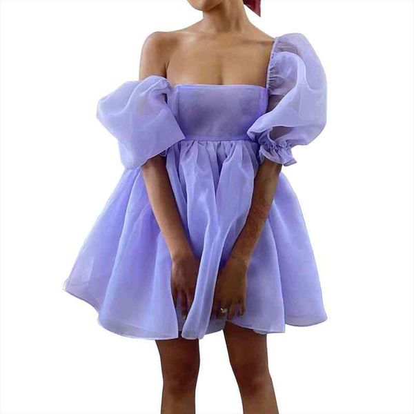 

summer women mesh princess dress see-through solid color puff sleeve square collar solid color a-line dress, Black;gray