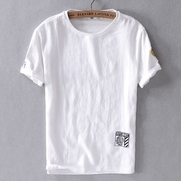 

2021 new japanese summer trend men's short-sleeved t-shirt linen casual white t shirt men round neck tshirt male camiseta ib3m, White;black