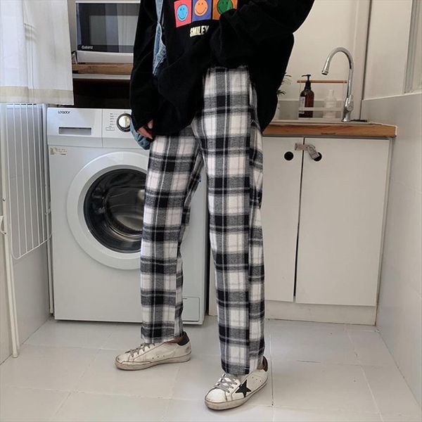 

spring and summer korean loose womens pants casual wide leg plaid, Black;white