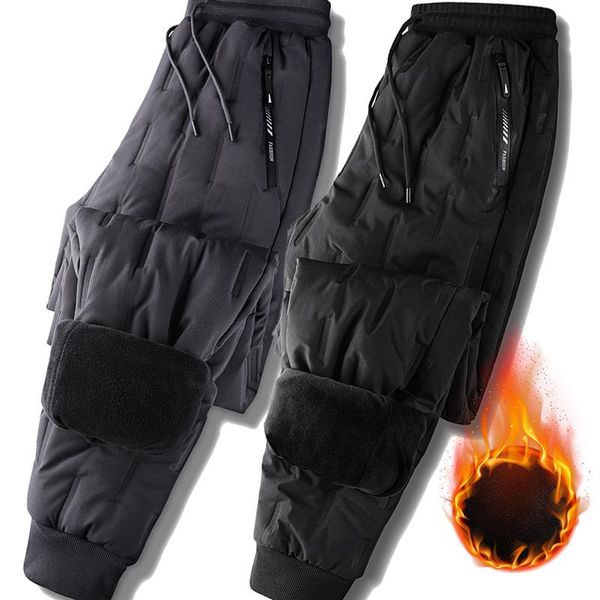 

men's pants winter warm down men white duck outdoor sports camping straight hiking thicken thermal trousers, Black
