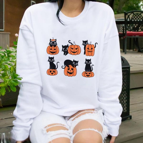 

women's hoodies & sweatshirts halloween pumpkin cat graphic print 100%cotton women sweatshirt funny casual o-neck long sleeve par, Black